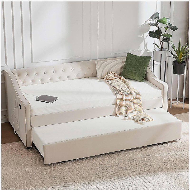 Twin Size Upholstered Daybed with Trundle,USB Port ,Side Pockets,Velvet Daybed with Button on Back and Piping on Waved Shape Arms for Bedroom Guest Room