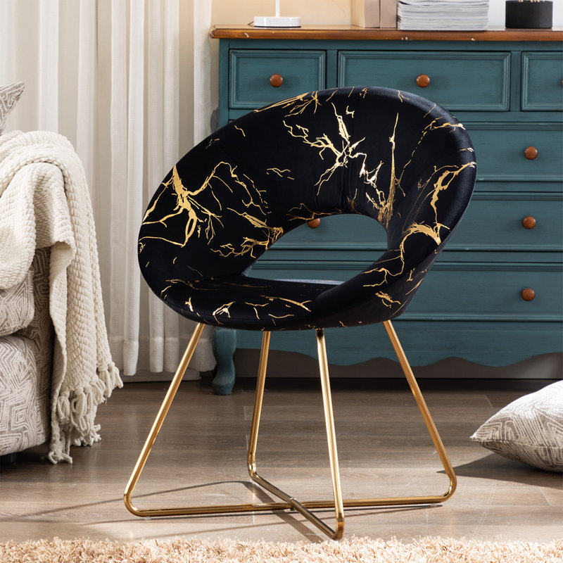 Fauteuil décoratif Motsinger, 26,7 po de largeur, velours avec marbrures dorées, pieds en métal, Velours noir