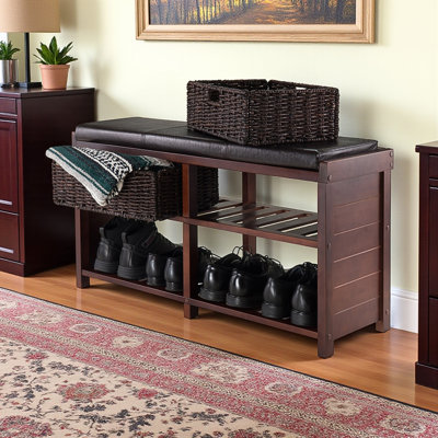 Wren Storage Bench with 2 Foldable Corn Husk Baskets in Brown, 19.99" H X 38.08" W X 11.58" D