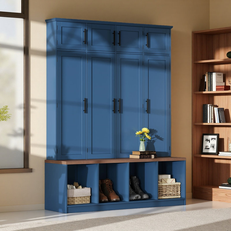 Farmhouse Hall Tree With 4 Hidden Hanging Hooks, Versatile Walnut Seating Bench With 8 Doors, Entryway Shoe Cabinet With Open Compartment For Living Room
