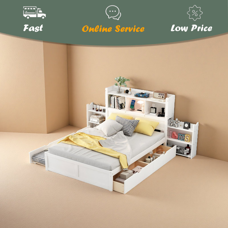 Lit plateforme double avec tablettes coulissantes, Blanc
