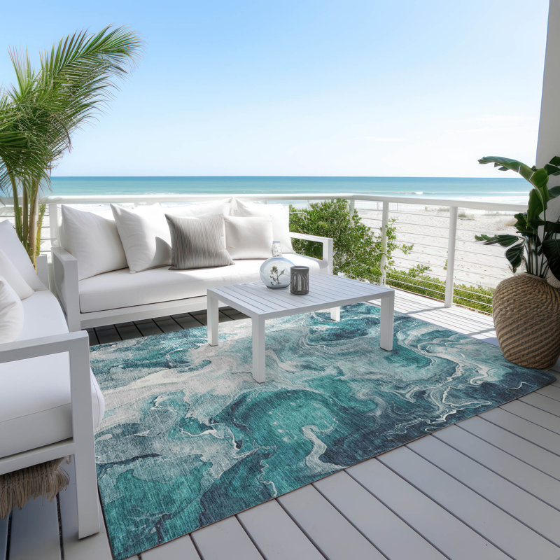 Machine Washable Indoor/Outdoor Cinead ACN1687 Teal Rug, Rectangle 5' x 7'6"