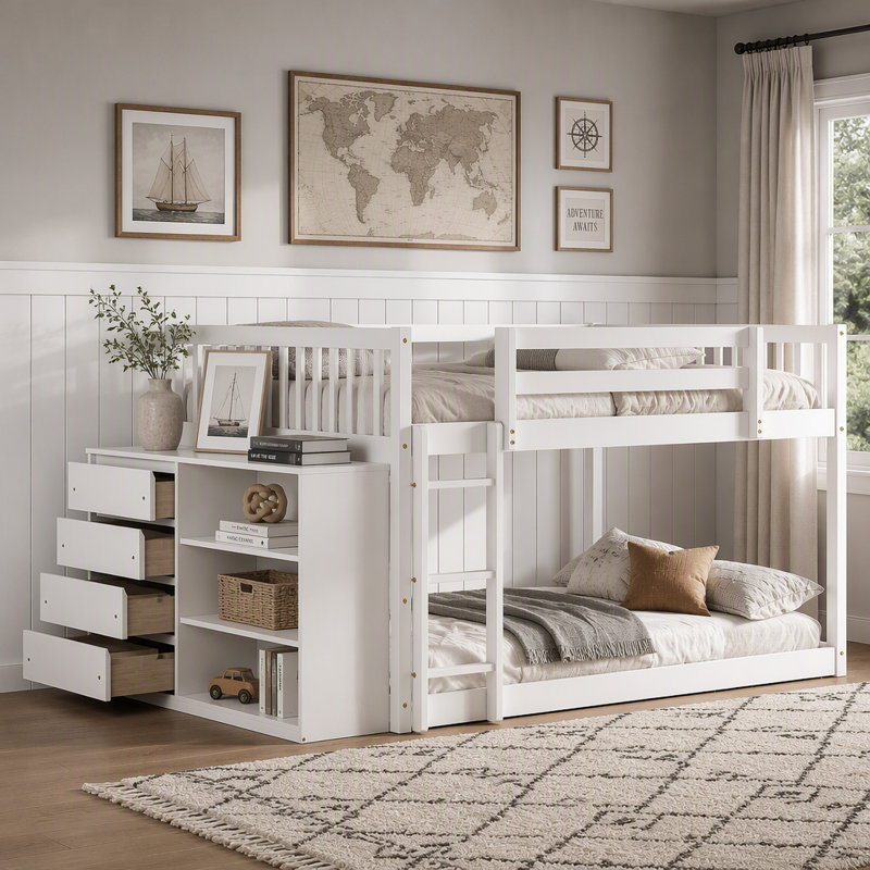 Lit superposé double avec 4 tiroirs et 3 tablettes, Blanc