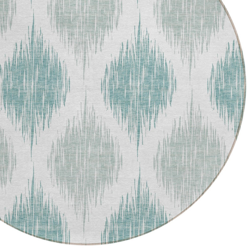 Tapis intérieur / extérieur rond lavable ikat 8 pi bleu sarcelle et ivoire Ikat