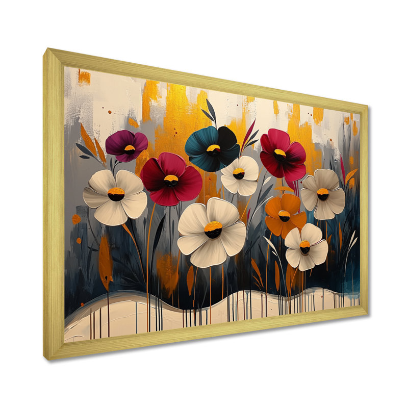 Art floral rouge et bleuet, H 16 po x l 32 po, Picture Framed, Doré