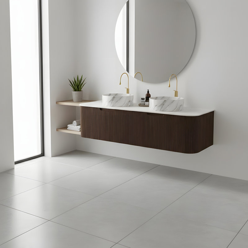 Meuble-lavabo flottant mural 60 po avec 2 lavabos ronds en céramique et 2 tiroirs, 60"