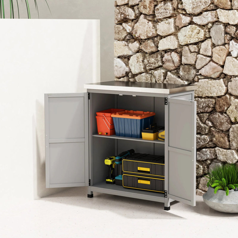 Armoire de rangement en bois avec plateau de table en métal, table de préparation pour l'extérieur avec tablette et portes doubles, banc de rempotage pour patio, cour, gris