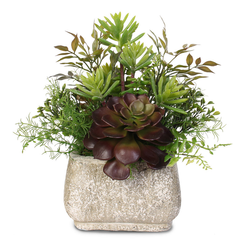 Green and Dark Brown Silk Succulent Arrangement in Stone Pot