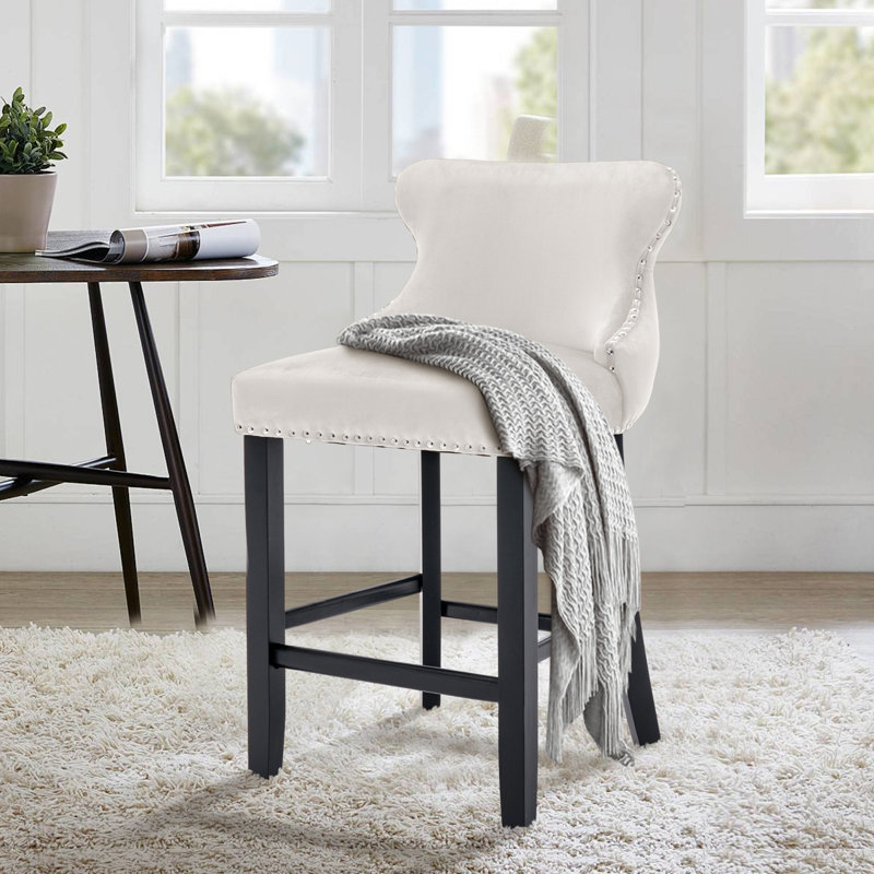 Kaimana Upholstered Counter Stool with Solid Wood Frame, Beige Velvet