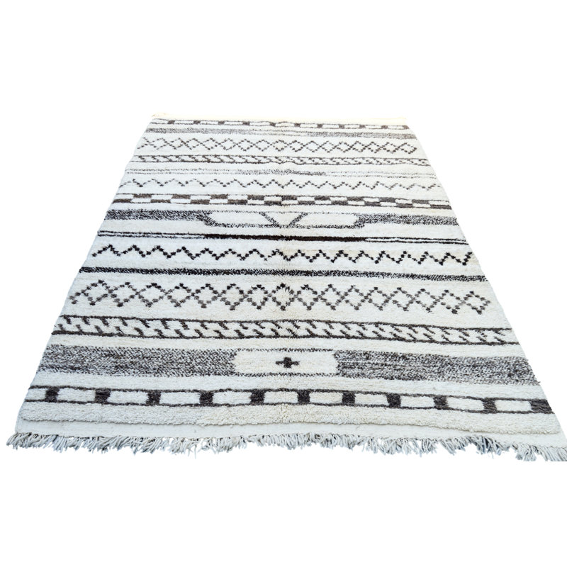 Tapis unique noir, brun et blanc de 5 pi 3 po x 7 pi 9 po des années 1980