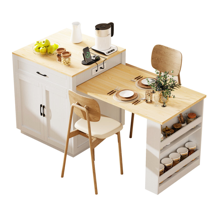 Table pour îlot de cuisine extensible de 82,7 po pour 2 à 6 personnes, blanc, double rangement, 2 prises de courant, port, tablette réglable de type C avec coin repas 82,7 po, rangement double, tiroirs, tablettes latérales, utilisation polyvalente