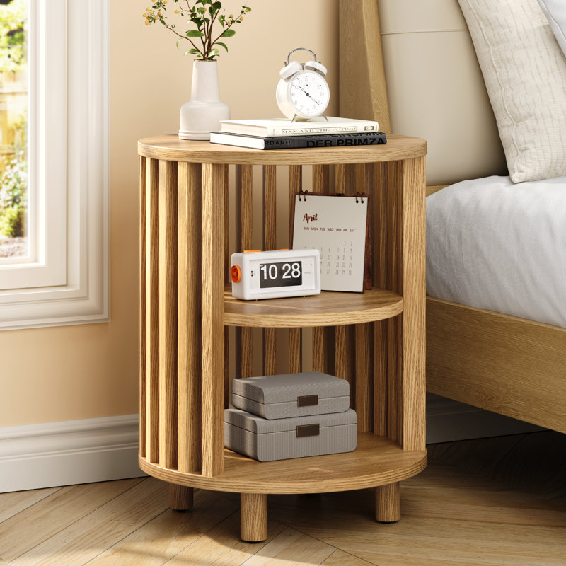 Yeva 19.7" Mid Century Modern Nightstand, Round Bedside Table With Open Shelf, Individual, Oak