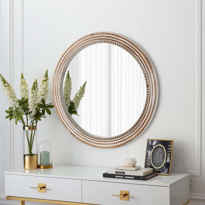 Miroir mural rustique rond orné de perles, 80 cm (31,5 pouces), idéal pour une décoration de style champêtre et pour agrandir visuellement n'importe quelle pièce.