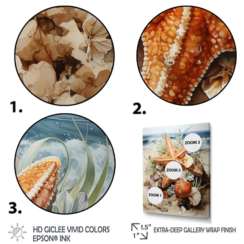 Étoile de mer tropicale, plage, sérénade 2 - art mural tropical côtier, Cadre simple argenté, H 44 po x l 34 po x P 1,5 po