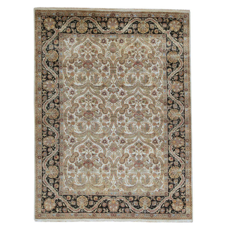 Tapis gris / brun / crème noué à la main, Rectangle 9 pi x 11 pi 11 po