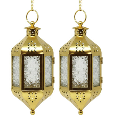 Hanging Moroccan Decorative Candle Lantern with Chain for Outdoor Patio or Porch (Set of 2)