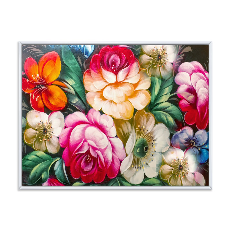«Vintage Vibrant Red and Yellow Flower Still Life II», peinture sur toile, Cadre flottant blanc, H 24 po x l 32 po x P 1 po