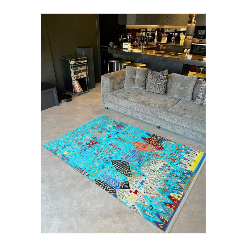 Tapis lavable à la machine à motif rétro à motif turquoise sur motif turquoise de la collection Barcelona