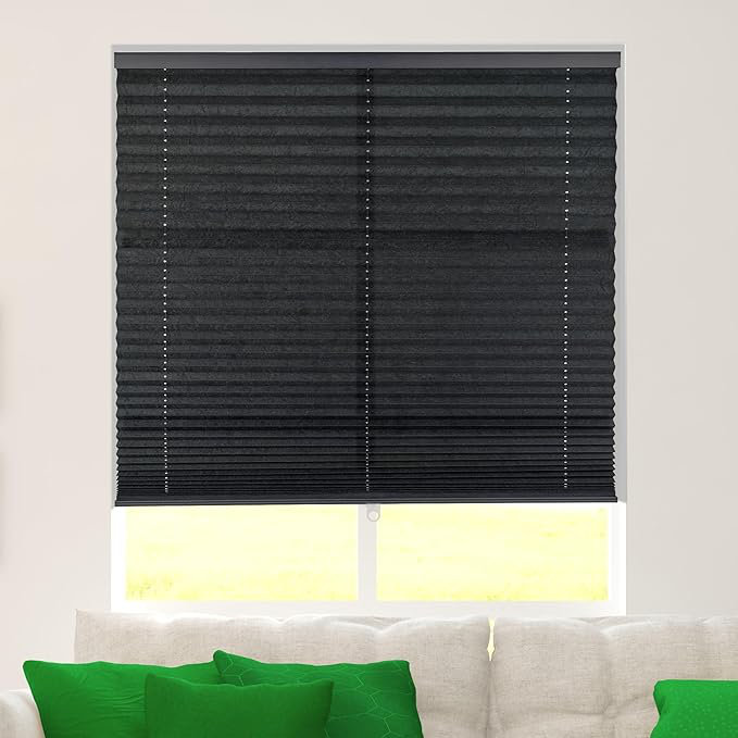  Cordless Pleated Fabric Light Filtering Window Shade, Black, 26.5"W x 60"L