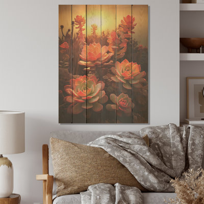 Coucher de soleil vert et rouge sur un champ de cactus - Succulent Art sur bois de pin naturel