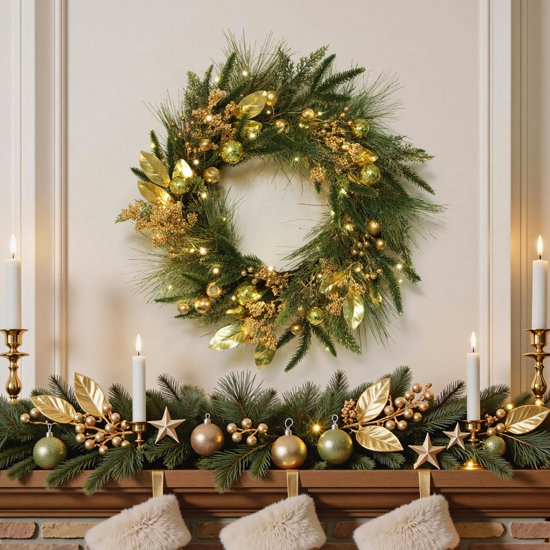 Couronne de Noël de 61 cm de diamètre avec ornements dorés