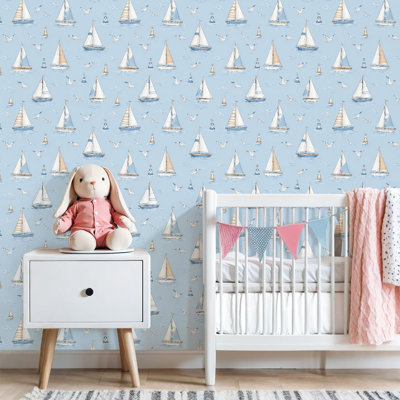 Papier peint adhésif peler et coller voiliers voiles blanches mouettes bleu clair papier contact mural amovible auto-adhésif décoration murale pour armoires de cuisine de chambre à coucher 17,7 po x 118 po