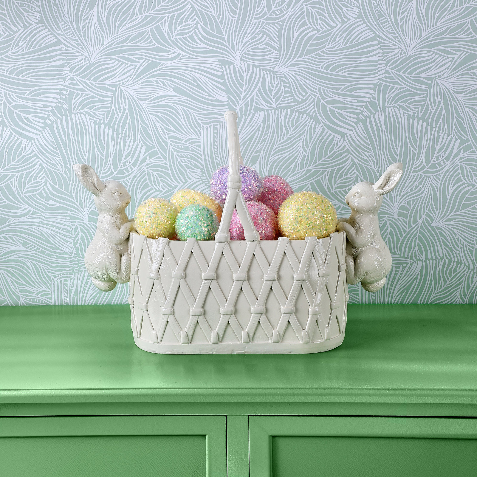 Resin Basket Planter with Bunnies Accent