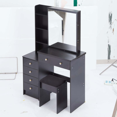 Middle Size Left Bedside Cabinet Vanity Table + Cushioned Stool, Extra Large Right Sliding Mirror, Multi Layer High Capacity Storage, Practical Fashionable Dresser, Suitable For Middle Space