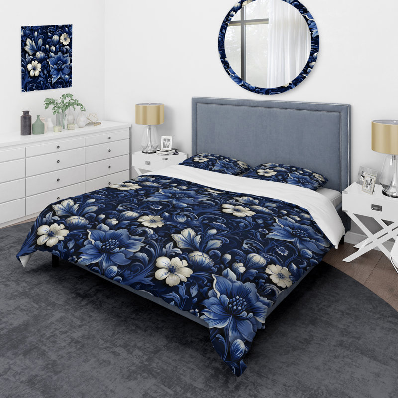 Literie de style victorien néo-gothique bleu cobalt, Housse de couette pour très grand lit et 2 très