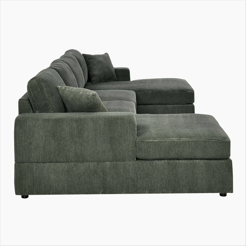 3 - piece corduroy double-chaise sectional, Velours côtelé vert