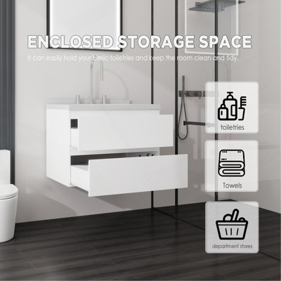 Meuble-lavabo suspendu de 61 cm avec lavabo, tiroir à fermeture amortie, comptoir et dosseret en marbre synthétique blanc de Carrare de 5 cm, contreplaqué