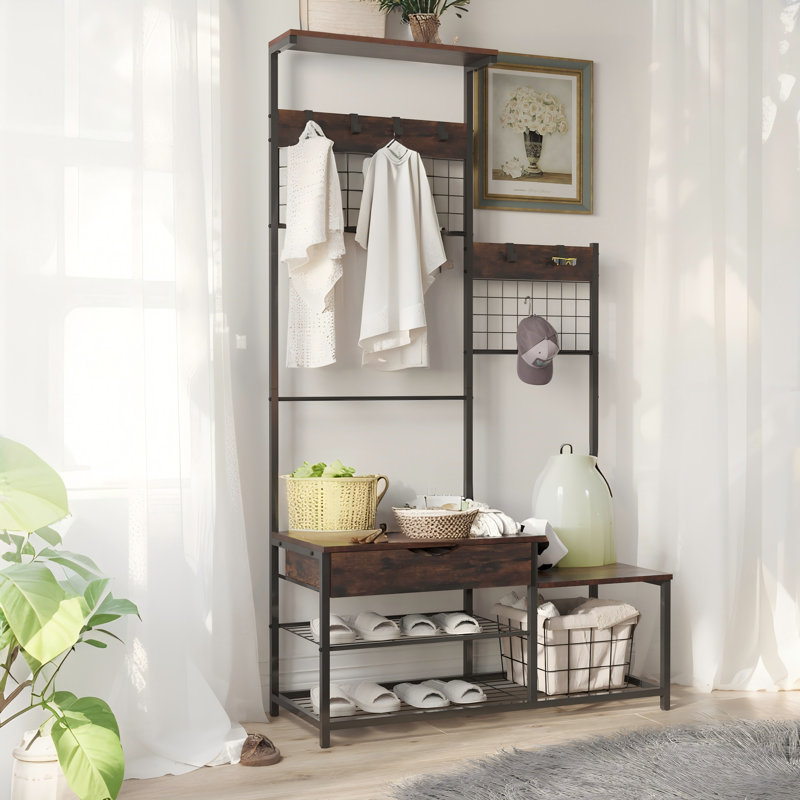 4-In-1 Hall Tree With Storage Drawer & Soft Cushion - Industrial Entryway Bench Coat Rack, Antique Brown, Parent-Child Design With Stable Metal Frame
