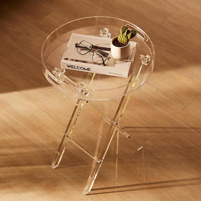 Acrylic Clear Folding Tray Table with X-Leg Base, Modern Portable Side Table for Living Room & Bedroom – Transparent