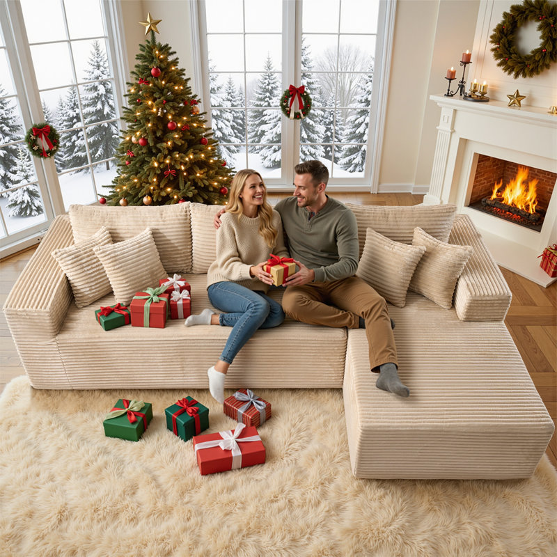 Canapé modulaire en velours côtelé 2 pièces Fontanez Compression Packed - Aucun assemblage requis, Beige, Orienté à droite