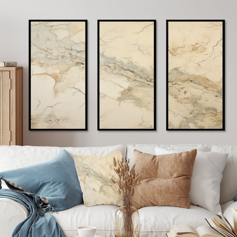 Beige et blanc, Marble River I - ensemble d'art mural en marbre, Cadre flottant noir, H 32 po x l 48 po x P 1 po