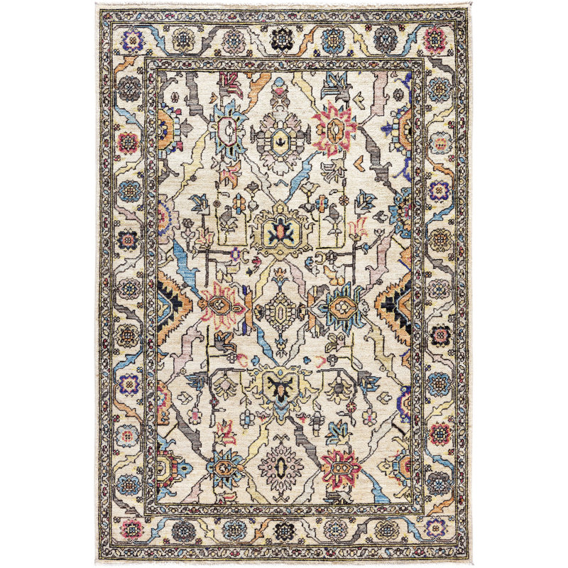 Tapis unique noué à la main Raffin - ivoire 4 pi 0 po x 5 pi 11 po Raffin