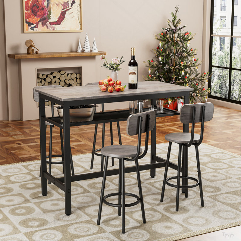 Ensemble de table de bar et chaises pour 4, ensemble de 4 chaises de table de petit déjeuner à hauteur de comptoir de 4 pour salle à manger, cuisine, bar, appartement, gris