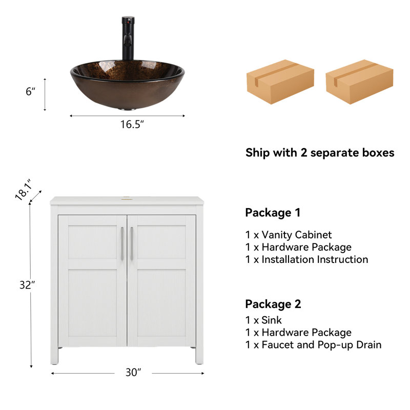 30" Free-Standing Modern Single Bathroom Vanity With Sink, White
