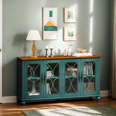 Armoire européenne rétro, portes en verre trempé foncé et bois, polyvalente pour le rangement de matériel de camping à 4 portes en verre, avec placage en bois, articles essentiels spacieux