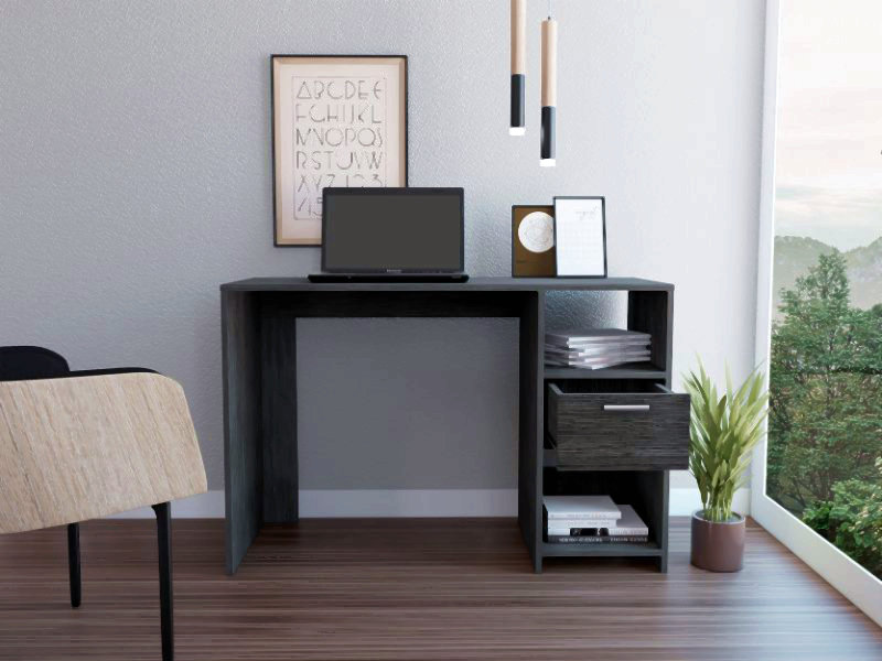 Bureau d'ordinateur avec 1 tiroir et 2 tablettes de rangement ouvertes, Gris