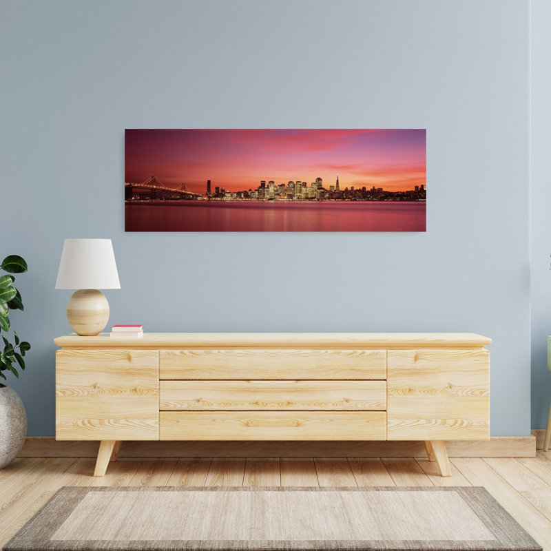Suspension Bridge With City Skyline At Dusk Bay Bridge San Francisco Bay San Francisco California USA by Thomas Winz - Wrapped Canvas Panoramic Print