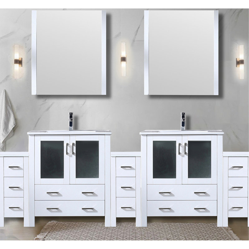 Blanc 96 po Meuble-lavabo double avec armoires latérales, comptoir en céramique, 28 miroirs, robinet - rouille et blanc terni