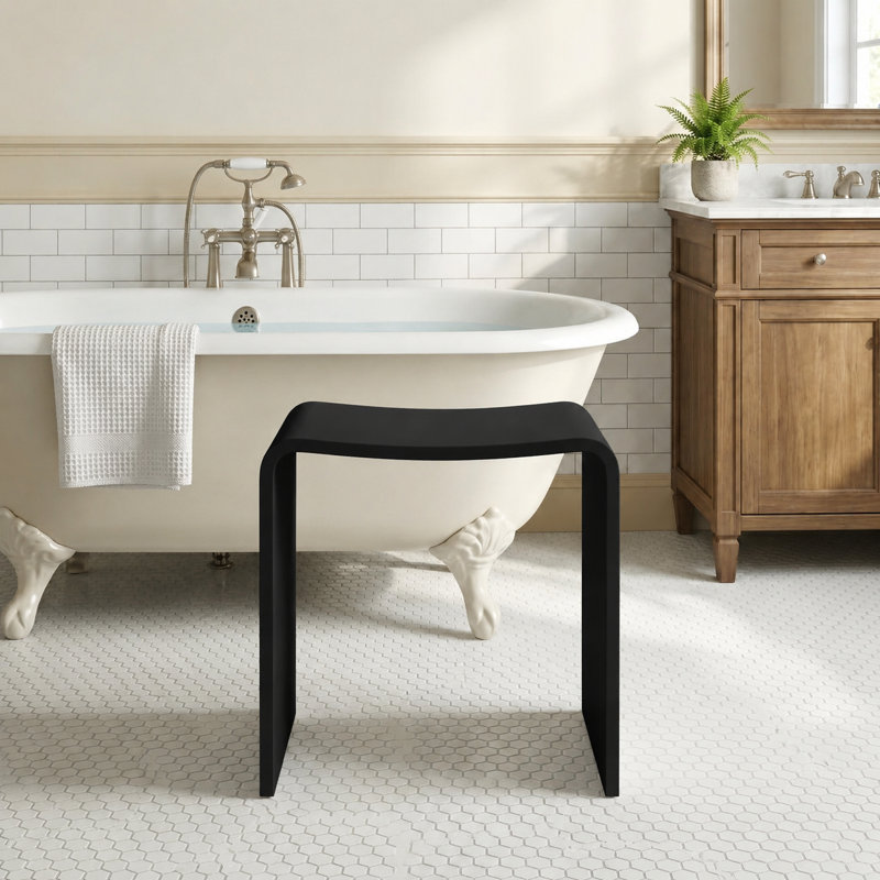 Solid Surface Shower Bench Stool Matte Black, Black
