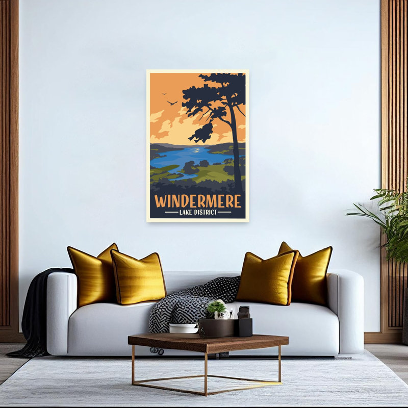 Windermere Lake District Sunset Abstract Contemporary Bird Landscape Tree Wall Art Print by Retrodrome - Wrapped Canvas Print