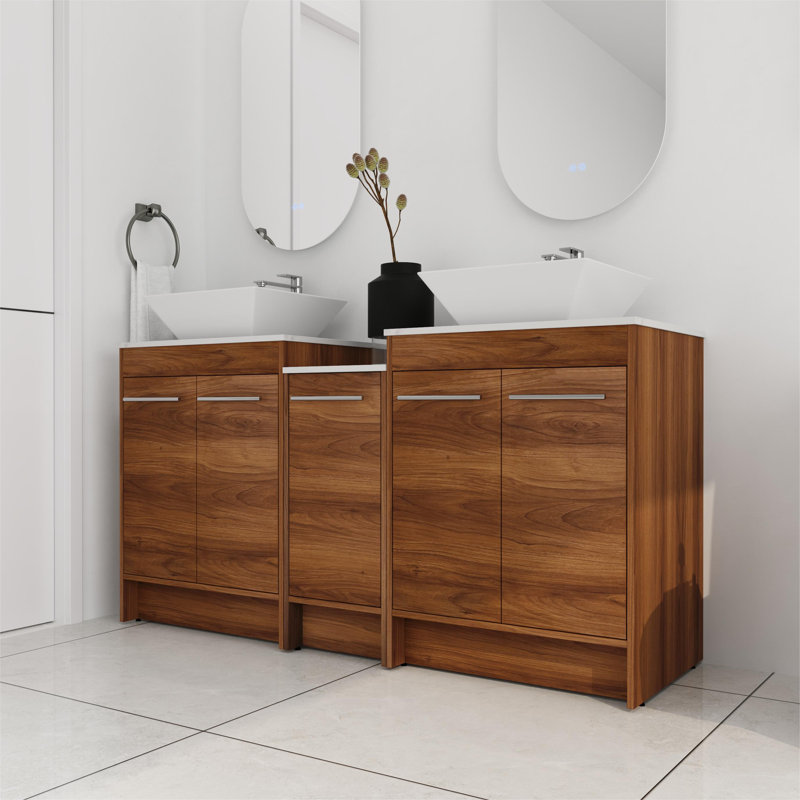 Ensemble de meuble-lavabo autoportant double 60 po avec plateau en céramique Amou