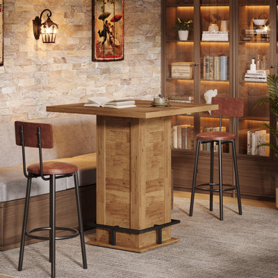 39.4" H Bar Height Table, Square High Bistro Pub Cocktail Table with Metal Footrest, Rustic Brown by 17 Stories