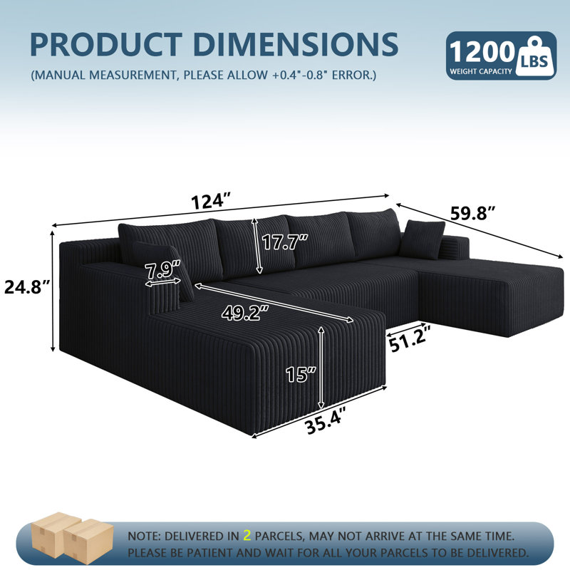 Canapé modulaire en forme de U de 124 po en velours côtelé de 124 po, canapé moderne modulaire à 4 places désossé avec 6 coussins, canapé rembourré en nuage à siège profond pour le salon, aucun assemblage requis