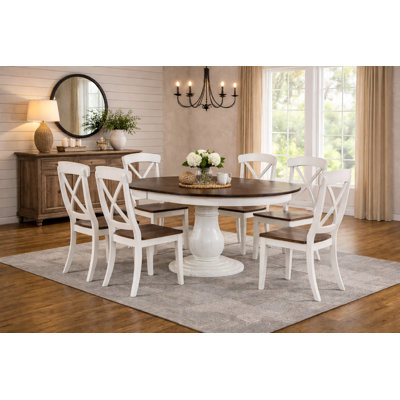 7 - Piece Round Extendable Solid Wood Pedestal Dining Set in White and Cocoa Brown by Rosalind Wheeler