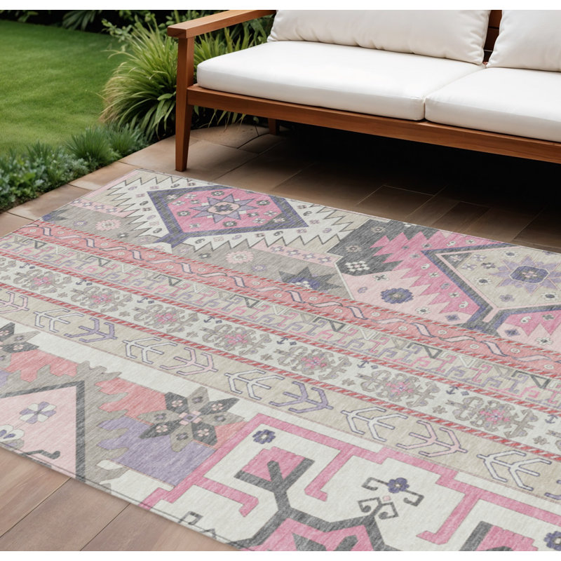 Tapis intérieur lavable 10 pi x 14 pi rose et ivoire aztèque