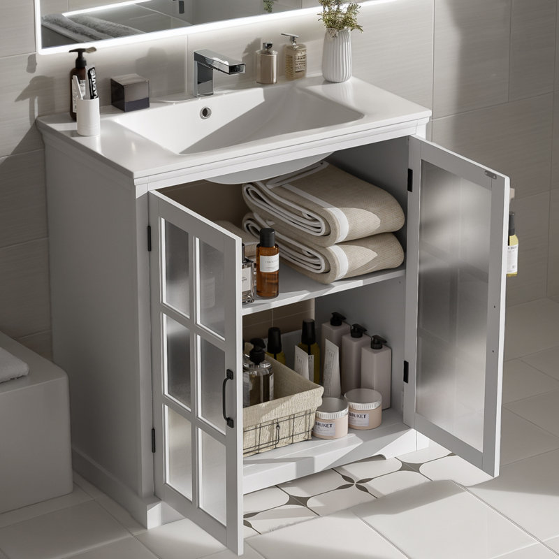 Meuble-lavabo moderne de 34 po avec lavabo en céramique, meuble-lavabo avec verre trempé et poignées noir mat, grand espace de rangement et structure en bois d'hévéa, blanc
